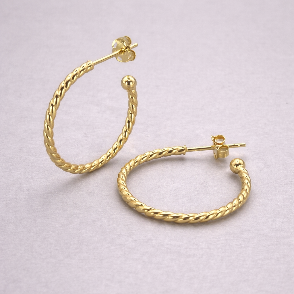 9ct Yellow Gold Hollow Italian 20mm Open Hoop Earrings with Rib Design and Ball end