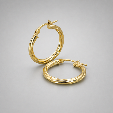 9ct Yellow Gold Hollow Italian 20mm Tube Hoop Earrings with Twist Design