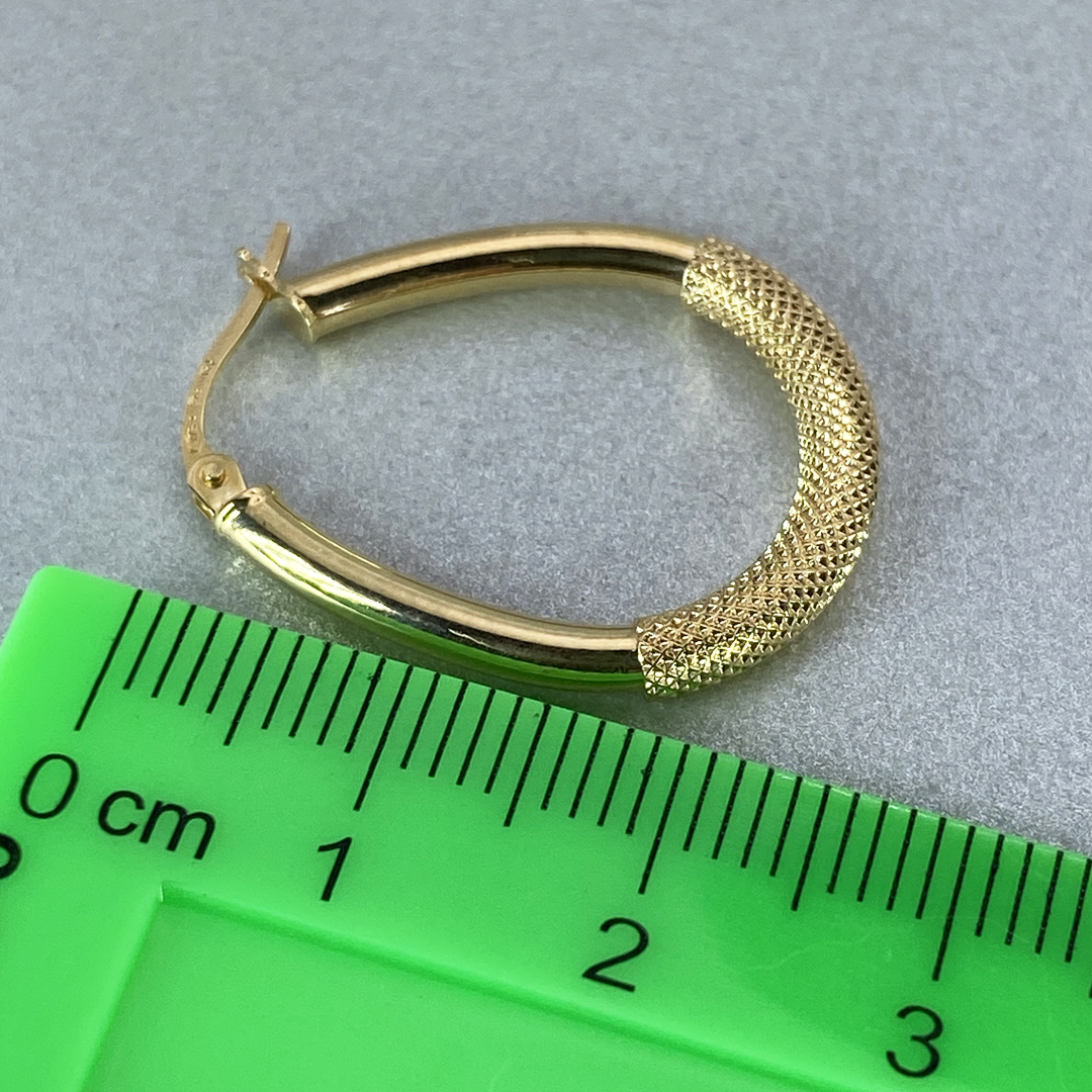 9ct Yellow Gold Hollow Italian 25mm Internal Diameter Handbag Shape Tube Hoop Earrings with Half Cross Hatch style Design