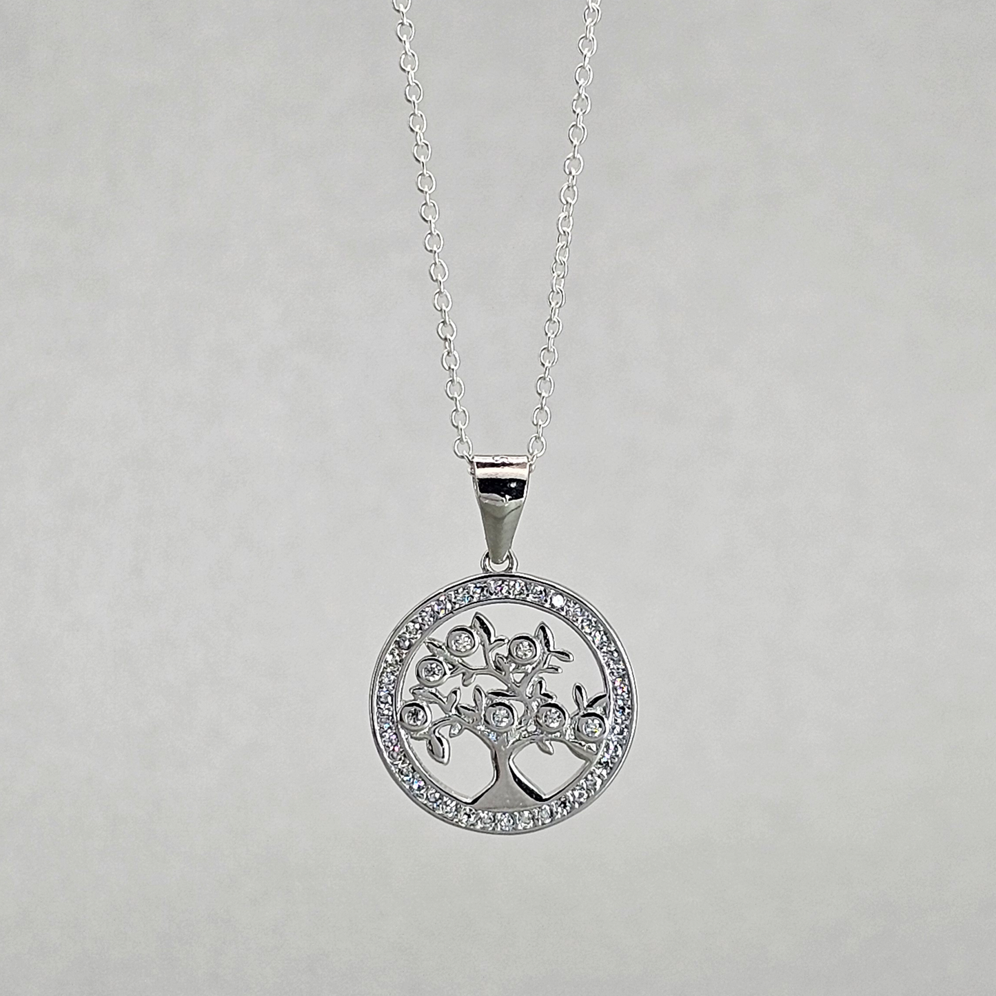 Silver CZ Tree Of Life Circle Pendant