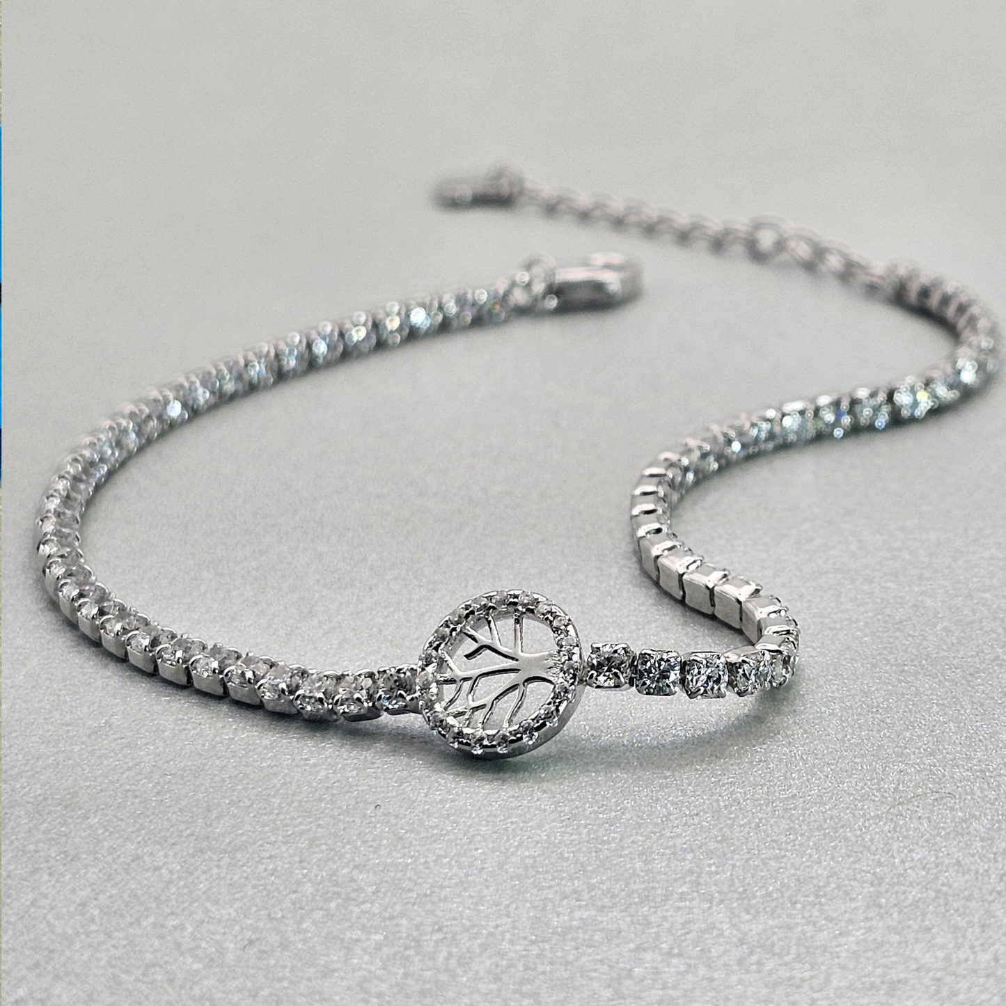Silver 17cm White CZ Tennis Bracelet with Tree Of Life Detail