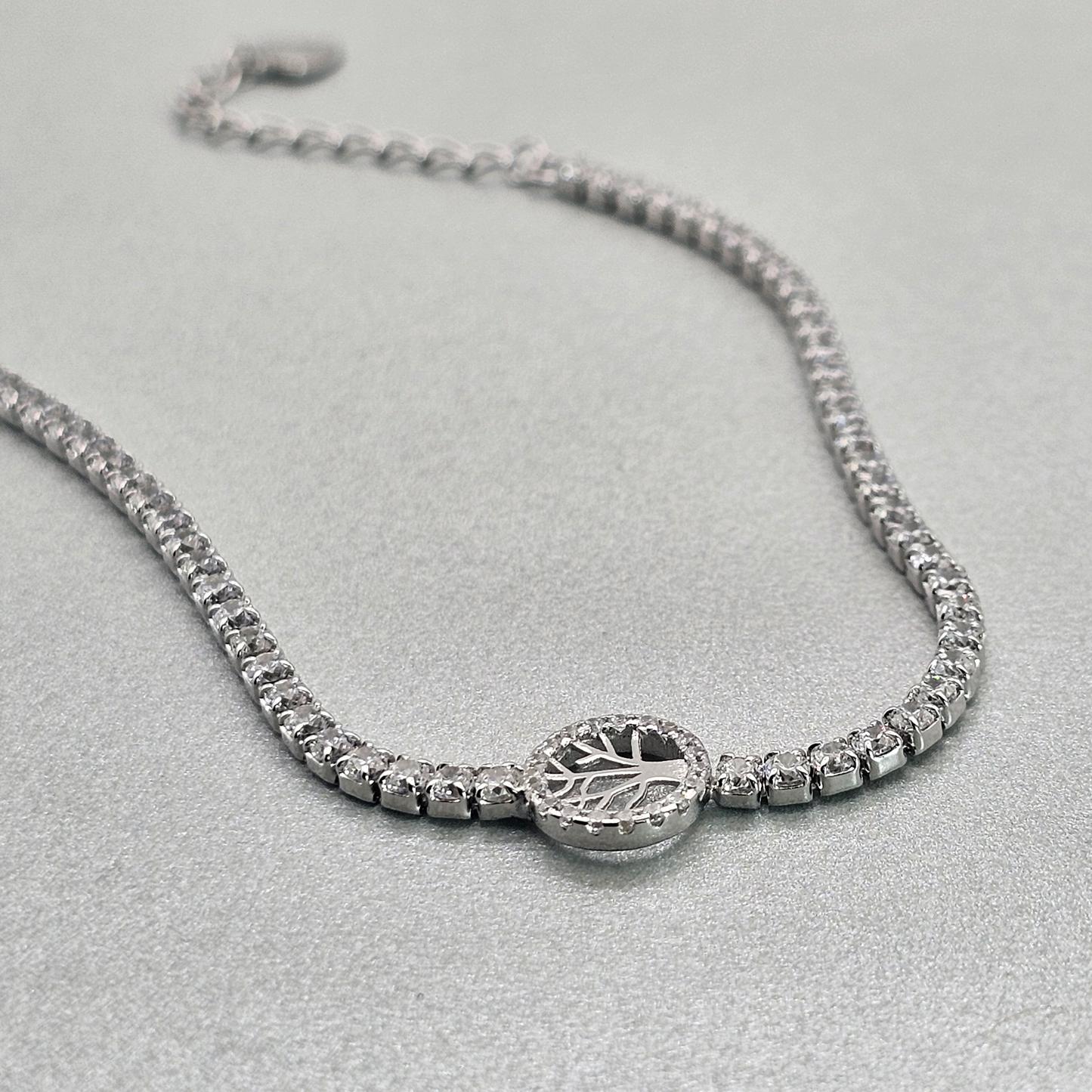 Silver 17cm White CZ Tennis Bracelet with Tree Of Life Detail