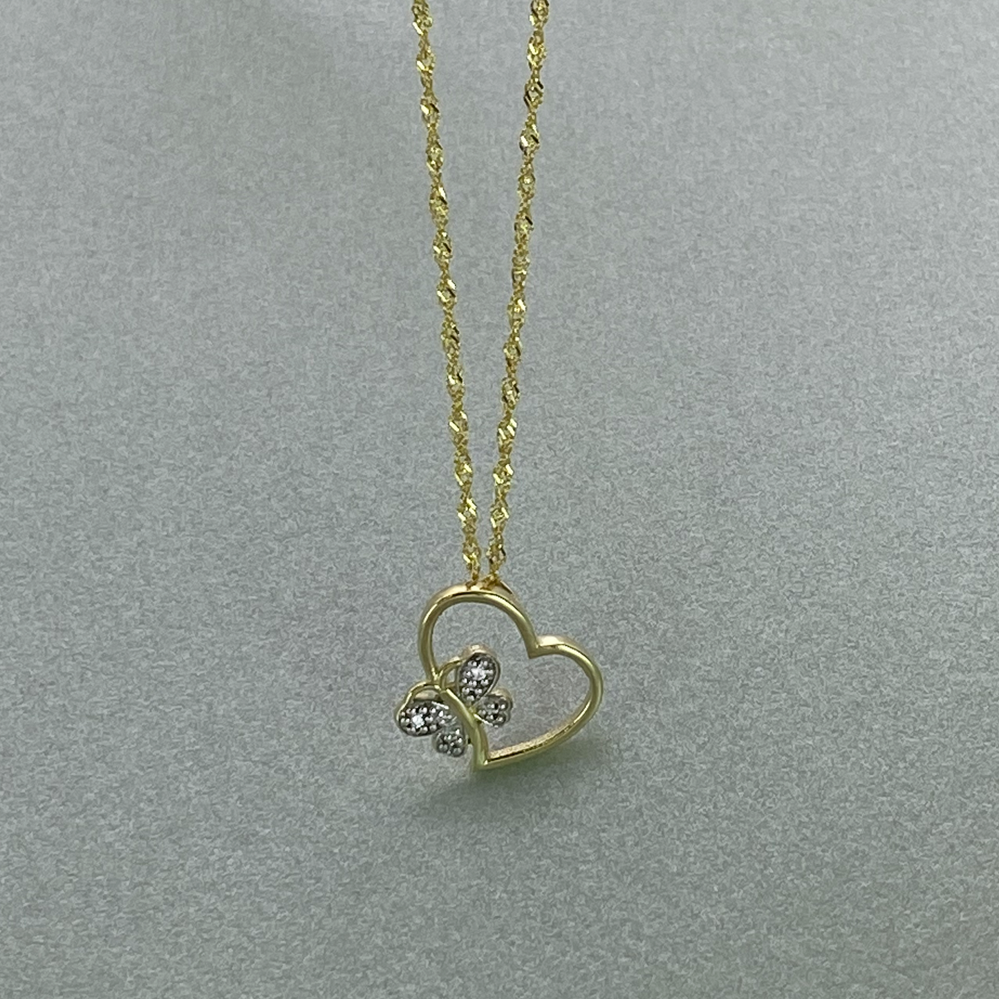 9ct Gold Medium Heart Pendant with Butterfly detail with Cubic Zirconia , Including 9ct bonded chain
