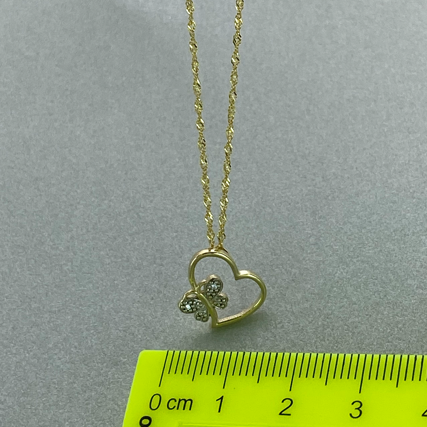 9ct Gold Medium Heart Pendant with Butterfly detail with Cubic Zirconia , Including 9ct bonded chain