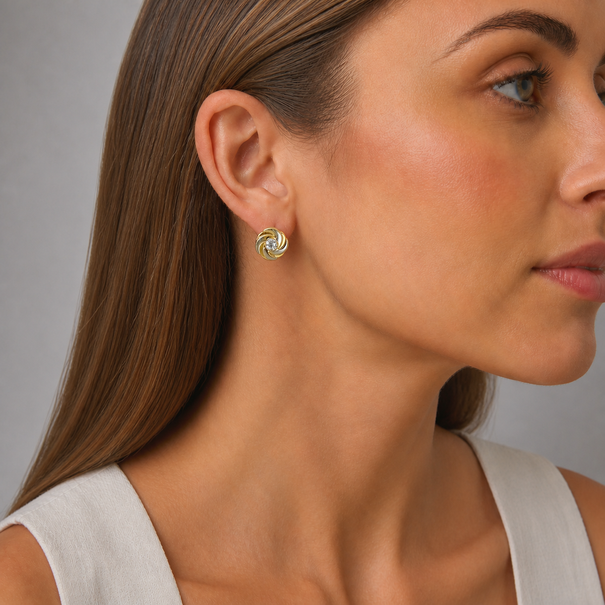 9ct Yellow Gold Two Tone Swirl CZ Stud Earrings