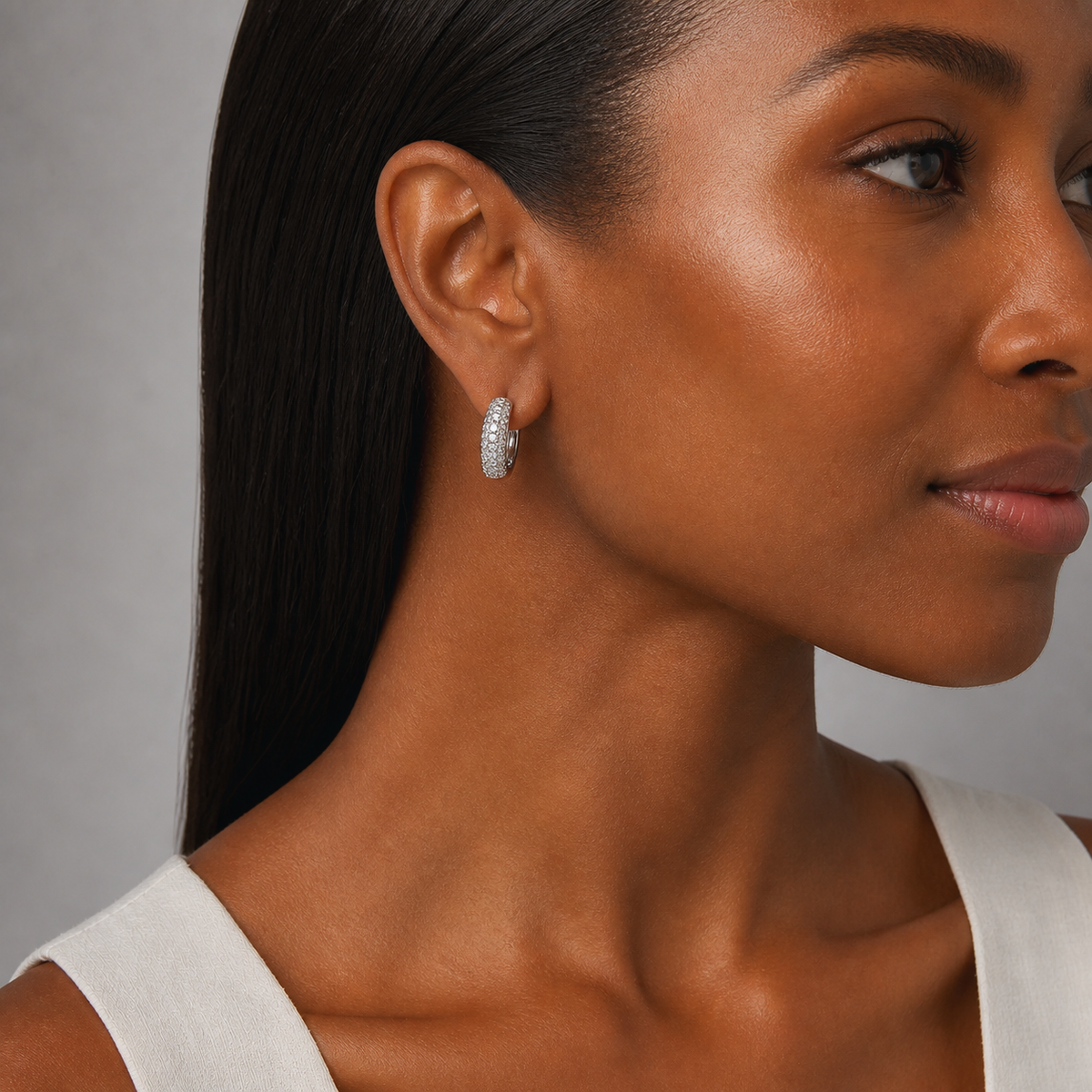 9ct White Gold CZ Pave Huggie Earring