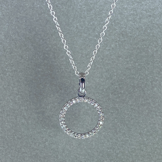 LAB GROWN 9ct White Gold Diamond MicroPave Circle Pendant, Total Diamond Weight = 0.16ct (Excl Chain)