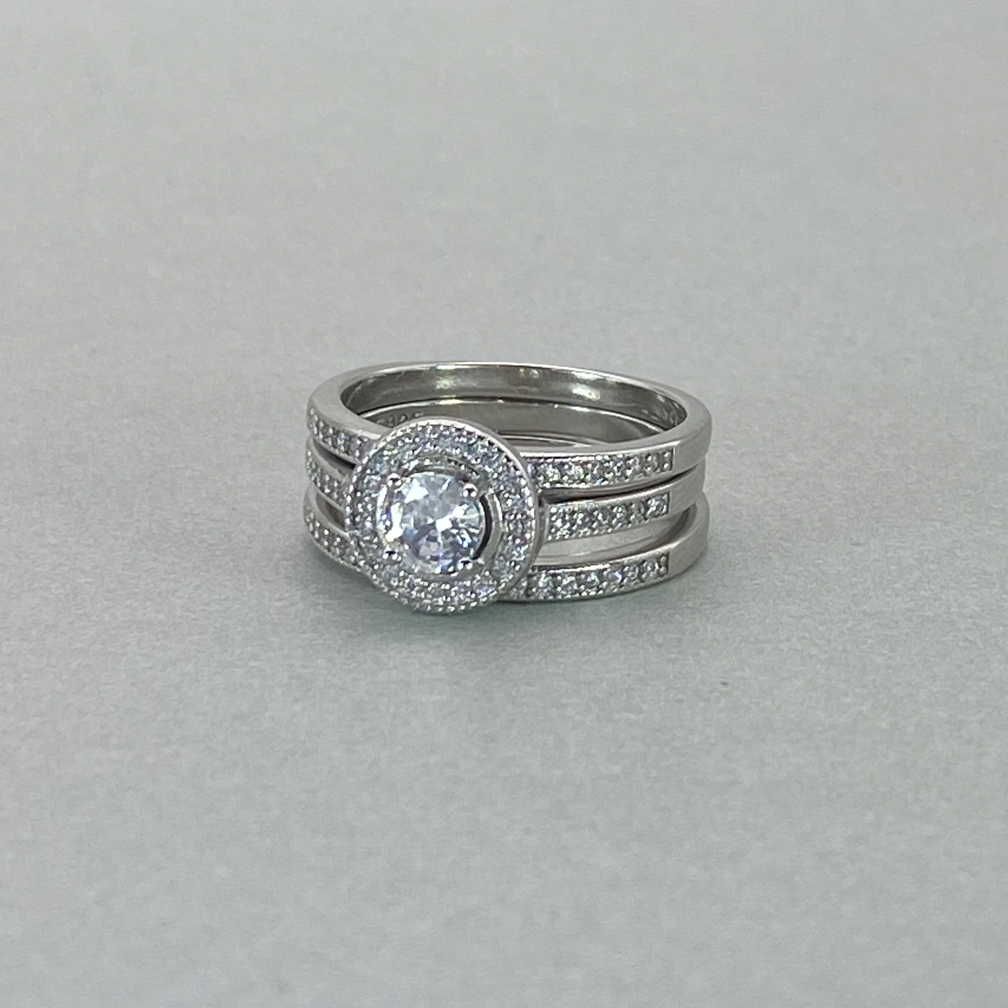Silver White CZ Halo Tripset Ring
