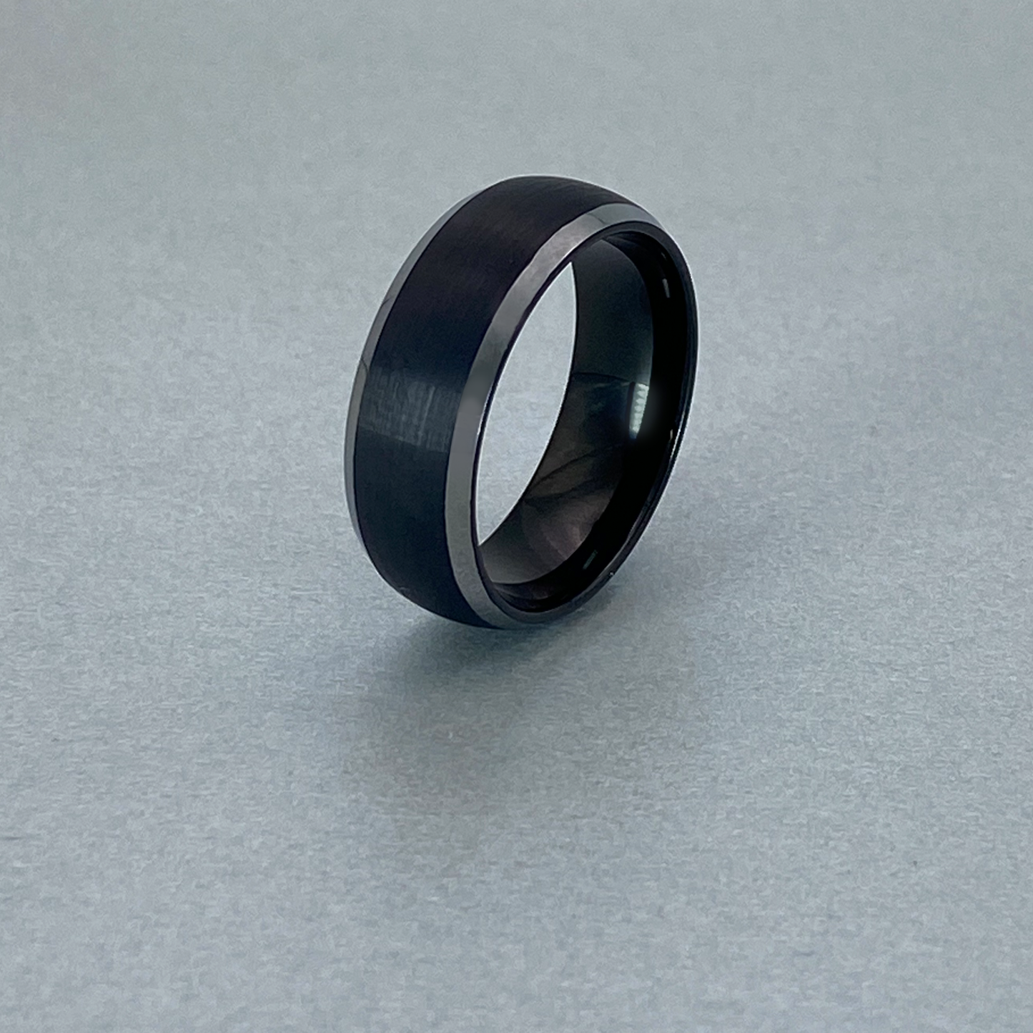 Tungsten Ring , Brushed Finish IP Black Plating centre and shiny edges.