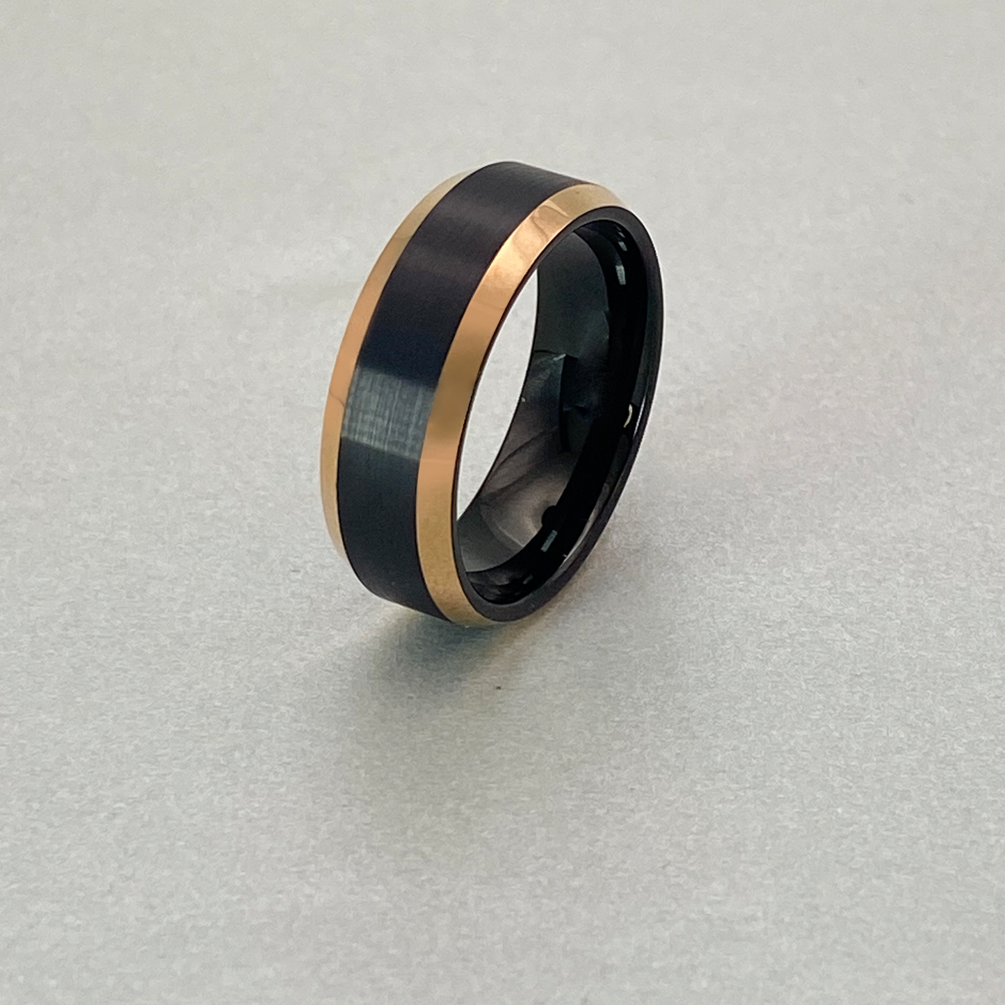 Tungsten Ring , Black IP Brushed Centre strip with Bevelled Polished Shiny IP Rose Gold edge.