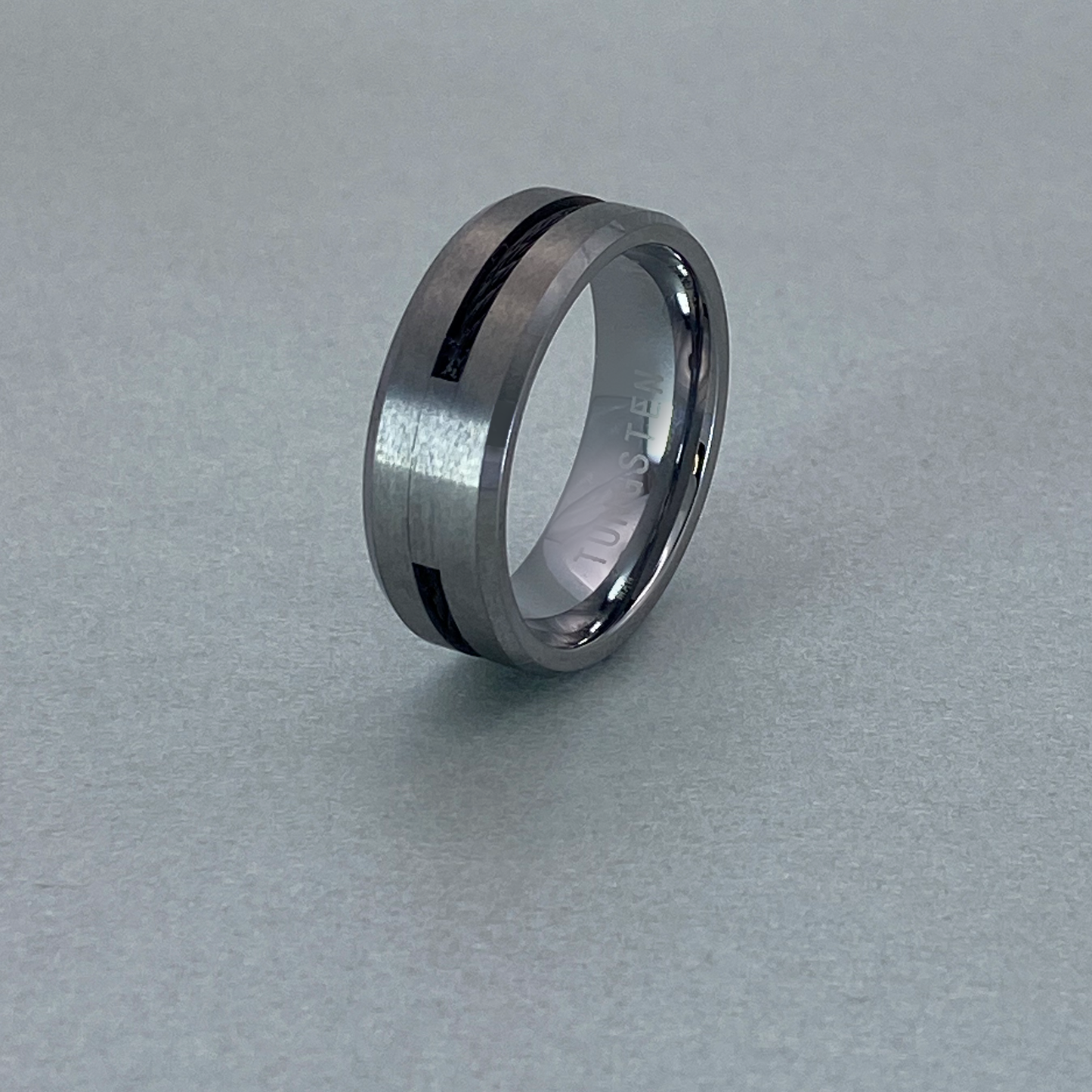 Tungsten Ring , Brushed Center, Bevelled Polished Shiny, with Black steel wire inlaid.