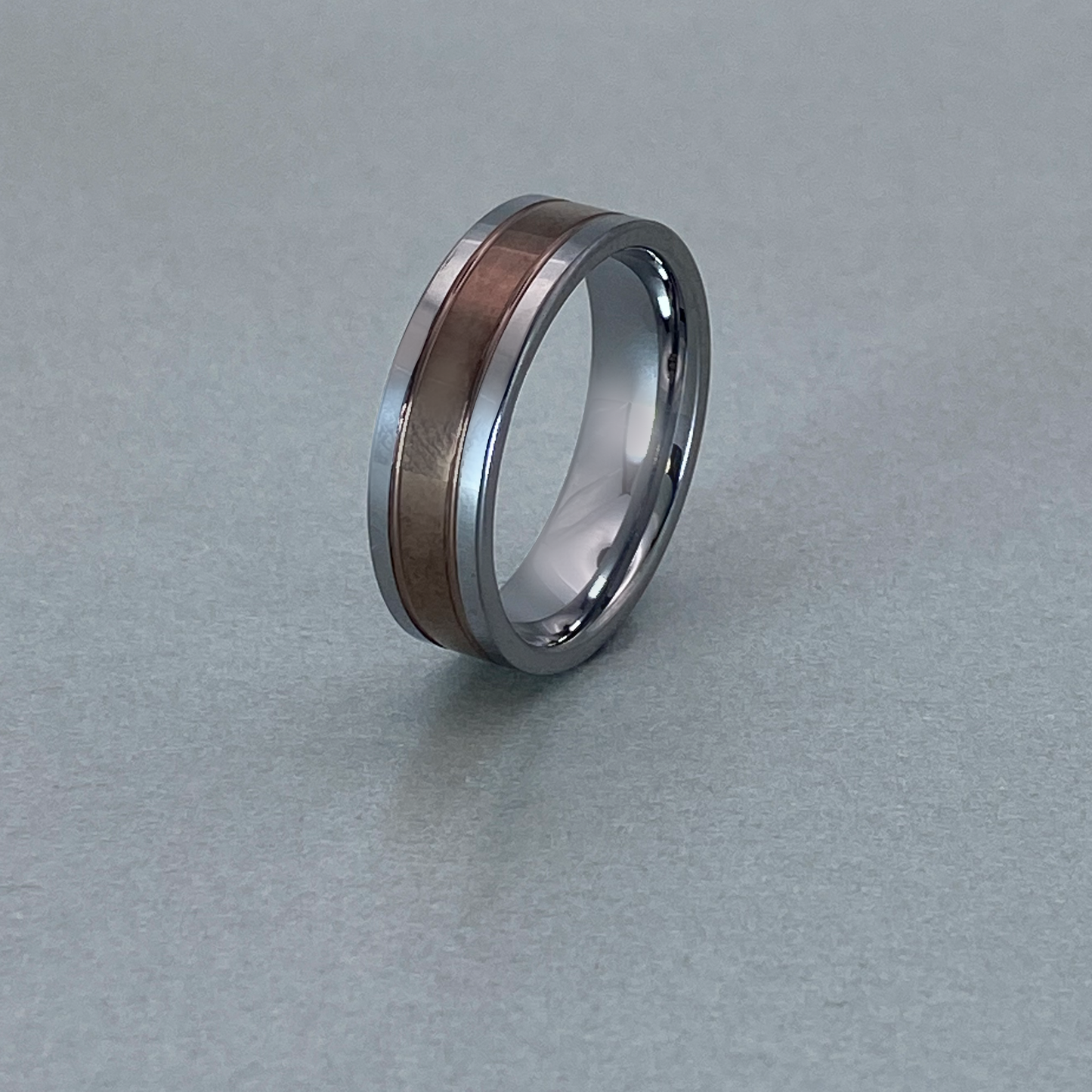 Tungsten Ring , Plain Polished Shiny, two grooves, center strip with Coffee colour Plating.