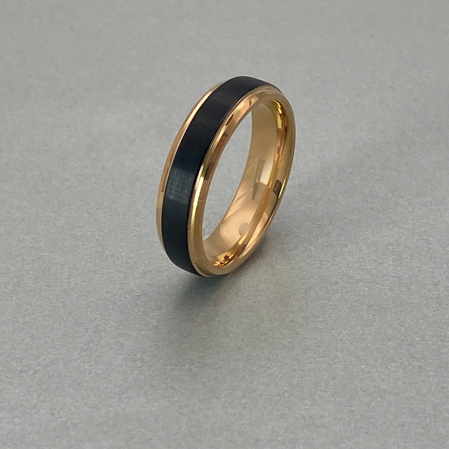 Tungsten Ring , Flat Step Edges and Bevelled, Brushed IP Black & IP Rose Gold Plated.