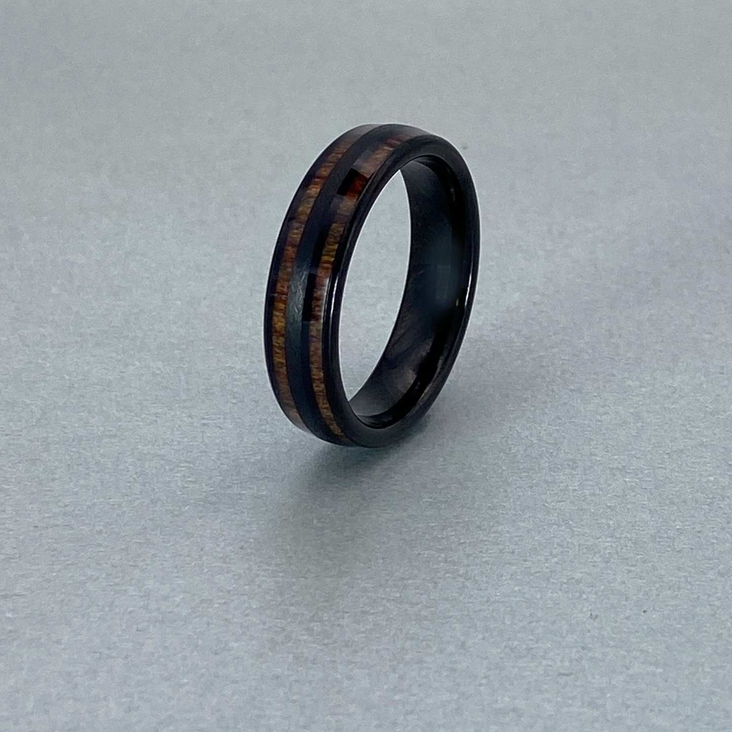 Tungsten Ring , Domed, Two Grooves with Padauk Wood Resin Inlaid, with Brushed Finish Black IP Plating.