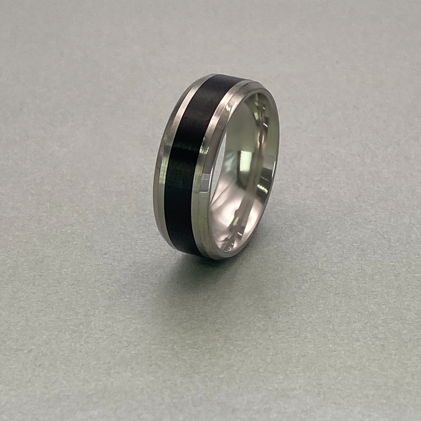Titanium Ring 8mm, Flat Centre strip Beveled Edge with Brushed Black IP Plated finish
