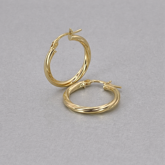 9ct Yellow Gold Hollow Italian 20mm Tube Hoop Earrings with Twist Design