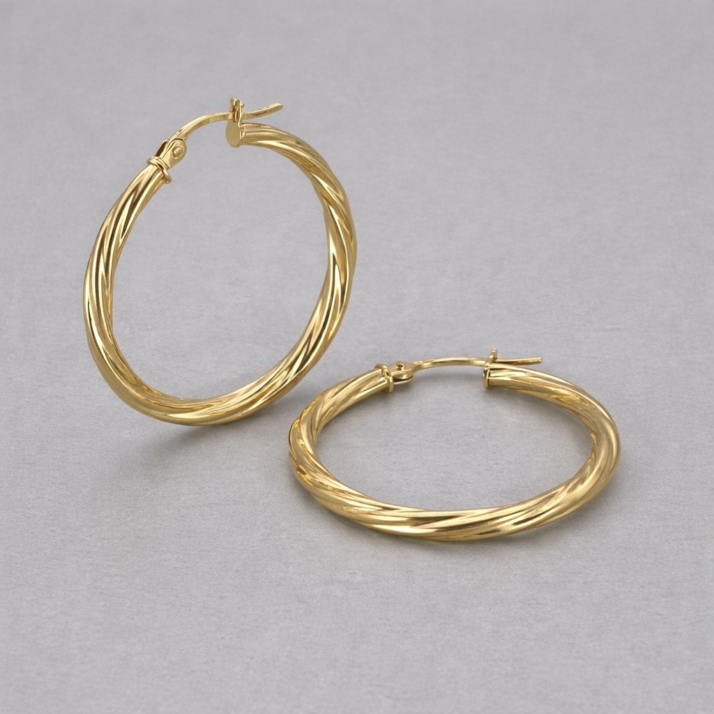 9ct Yellow Gold Hollow Italian 25mm Tube Hoop Earrings with Twist Design