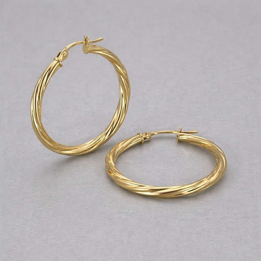 9ct Yellow Gold Hollow Italian 25mm Tube Hoop Earrings with Twist Design