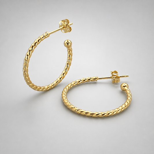 9ct Yellow Gold Hollow Italian 20mm Open Hoop Earrings with Rib Design and Ball end