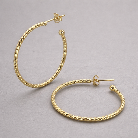 9ct Yellow Gold Hollow Italian 30mm Open Hoop Earrings with Rib Design and Ball end
