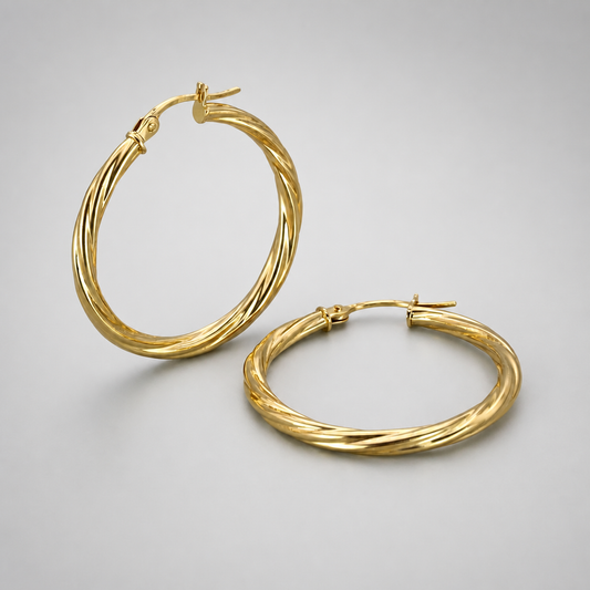 9ct Yellow Gold Hollow Italian 25mm Tube Hoop Earrings with Twist Design