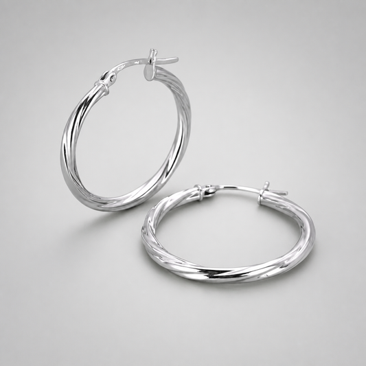 9ct White Gold Hollow Italian 25mm Tube Hoop Earrings with Twist Design