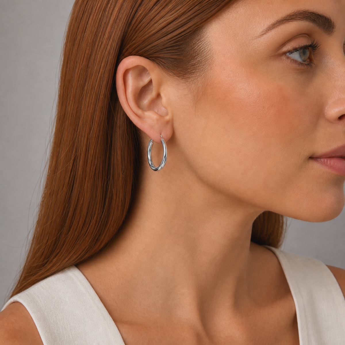 9ct White Gold Hollow Italian 25mm Tube Hoop Earrings with Twist Design