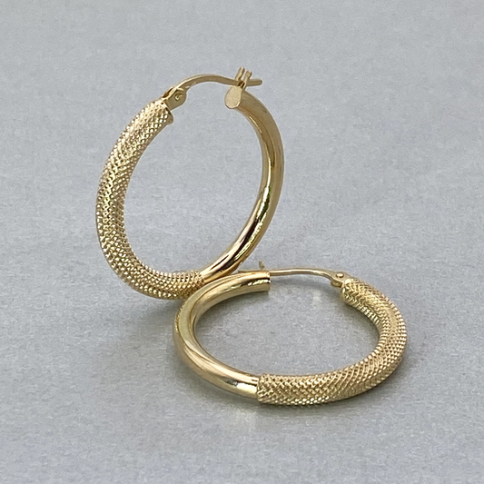 9ct Yellow Gold Hollow Italian 25mm Internal DiameterTube Hoop Earrings with  Half Cross Hatch style Design
