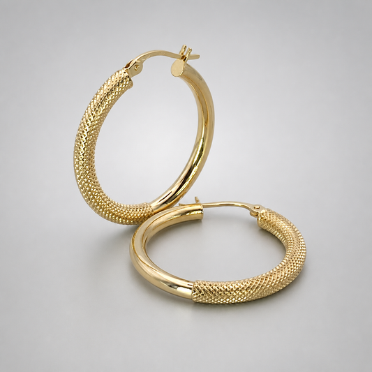 9ct Yellow Gold Hollow Italian 25mm Internal DiameterTube Hoop Earrings with  Half Cross Hatch style Design