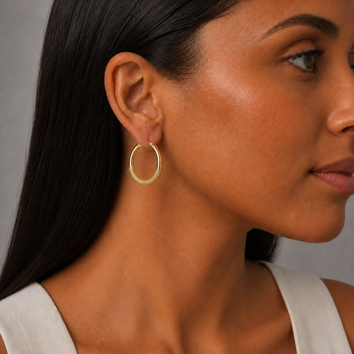 9ct Yellow Gold Hollow Italian 25mm Internal DiameterTube Hoop Earrings with  Half Cross Hatch style Design