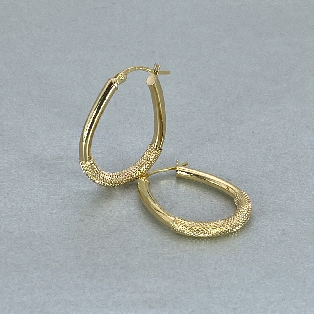9ct Yellow Gold Hollow Italian 25mm Internal Diameter Handbag Shape Tube Hoop Earrings with  Half Cross Hatch style Design
