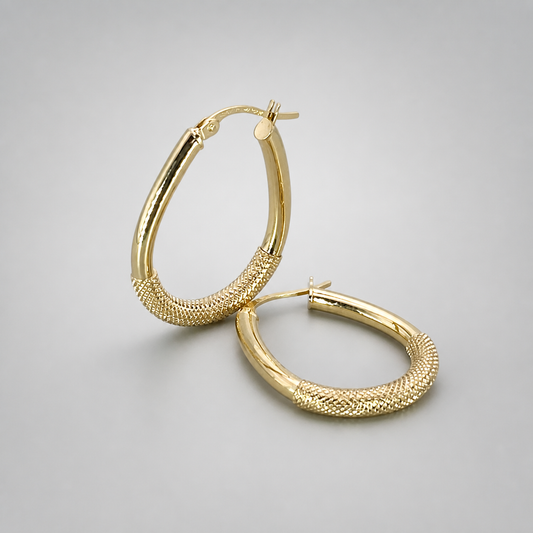 9ct Yellow Gold Hollow Italian 25mm Internal Diameter Handbag Shape Tube Hoop Earrings with  Half Cross Hatch style Design