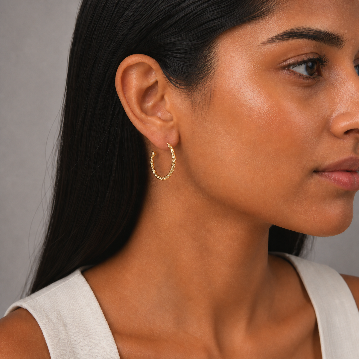 9ct Yellow Gold Hollow Italian 25mm Open Hoop Earrings with Rib Design and Ball end