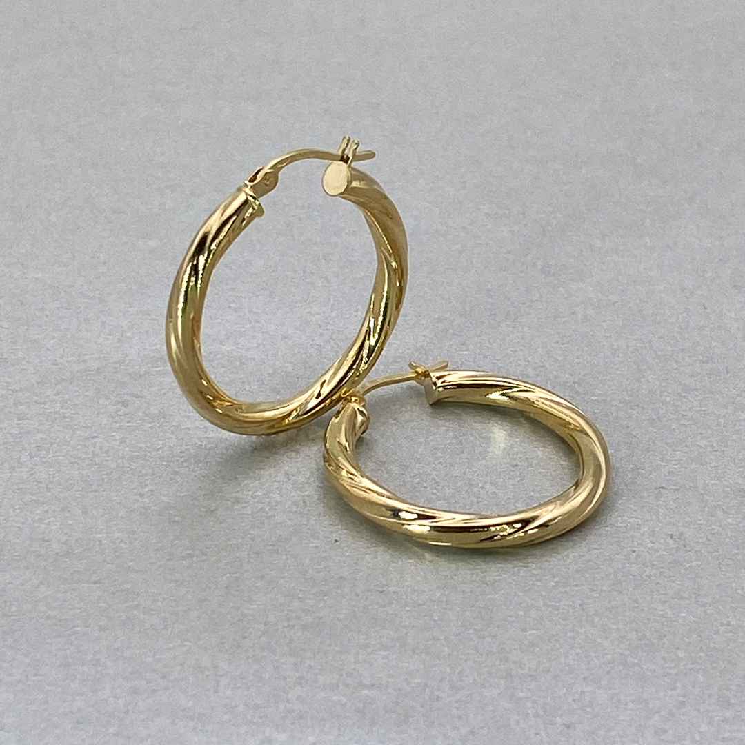 9ct Yellow Gold Hollow Italian 25mm Internal DiameterTube Hoop Earrings with Twist Design