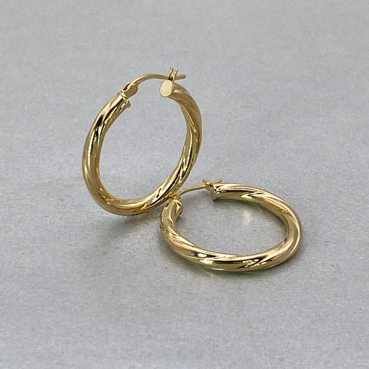 9ct Yellow Gold Hollow Italian 25mm Internal DiameterTube Hoop Earrings with Twist Design