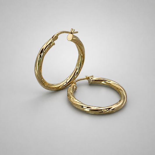 9ct Yellow Gold Hollow Italian 25mm Internal DiameterTube Hoop Earrings with Twist Design