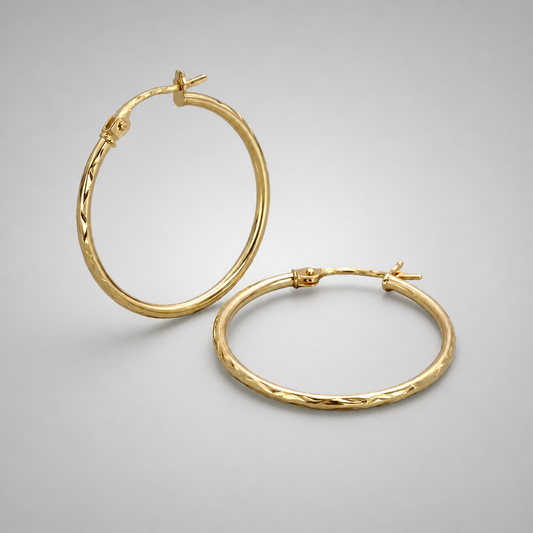 9ct Yellow Gold Hollow Italian 20mm Open Hoop Earrings with Diamond-cut Design