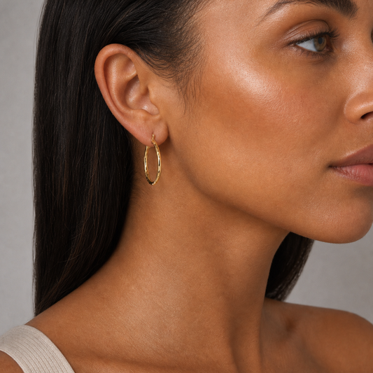 9ct Yellow Gold Hollow Italian 20mm Open Hoop Earrings with Diamond-cut Design