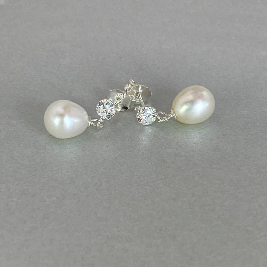 Silver Pearl & Single CZ Drop Earring