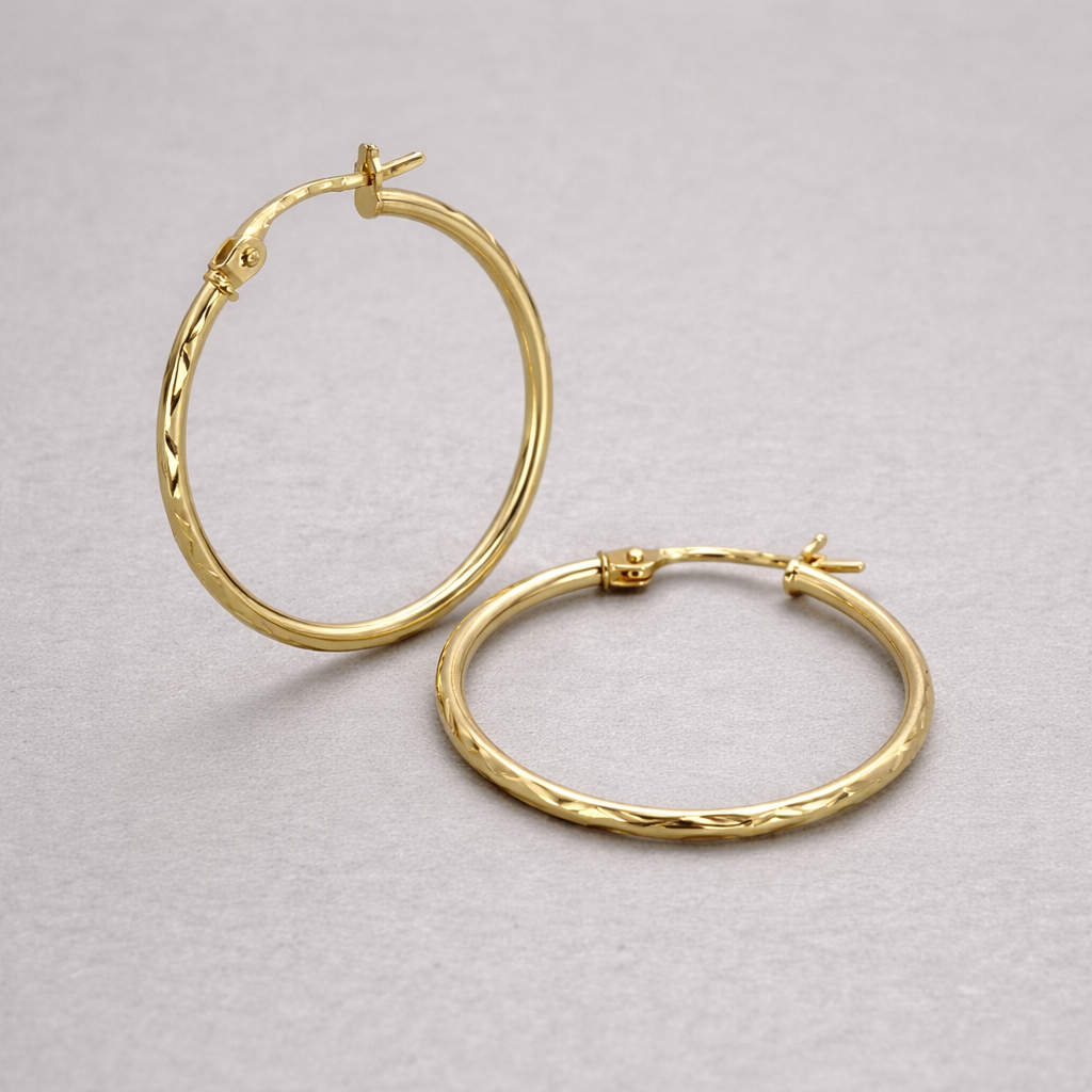 9ct Yellow Gold Hollow Italian 20mm Open Hoop Earrings with Diamond-cut Design