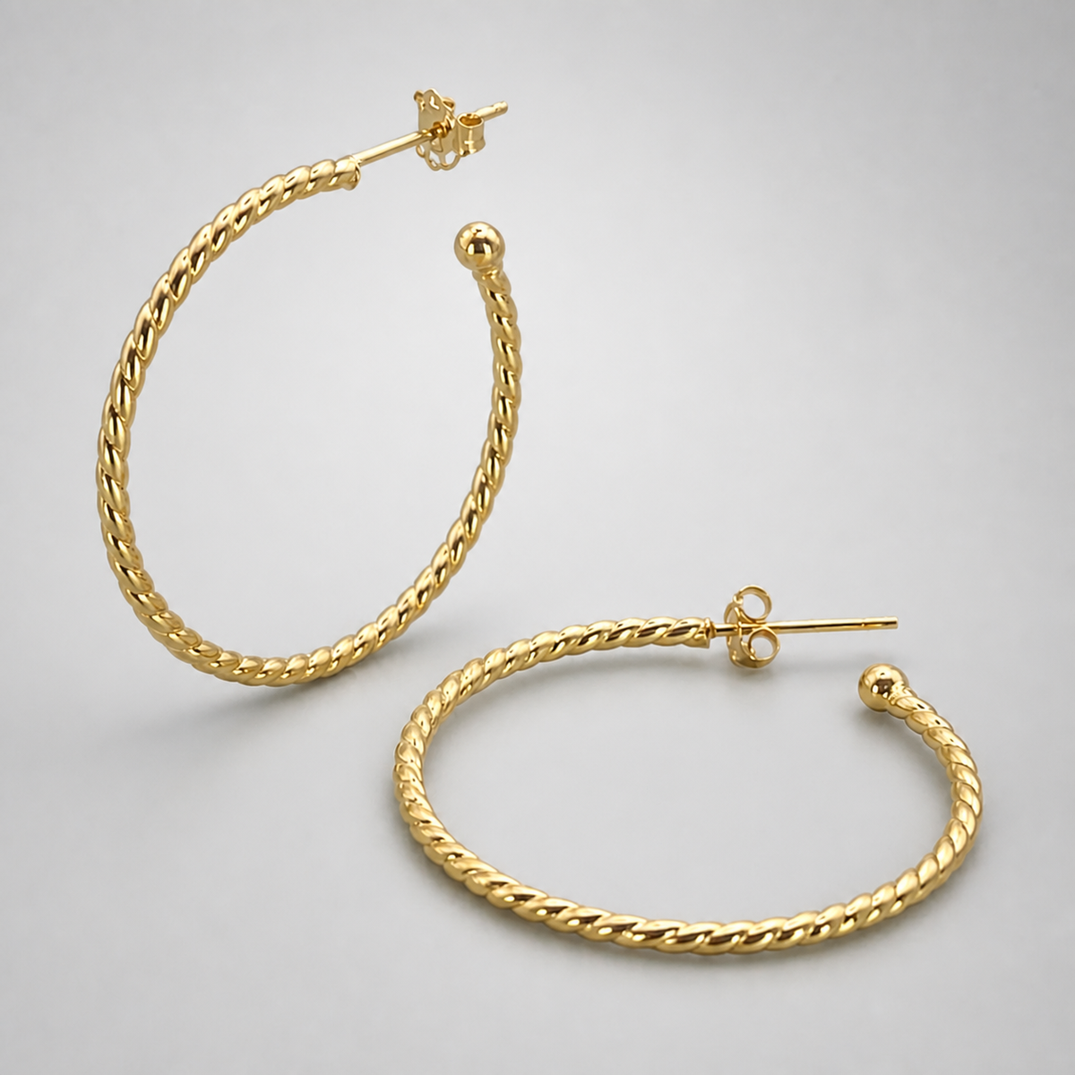 9ct Yellow Gold Hollow Italian 30mm Open Hoop Earrings with Rib Design and Ball end