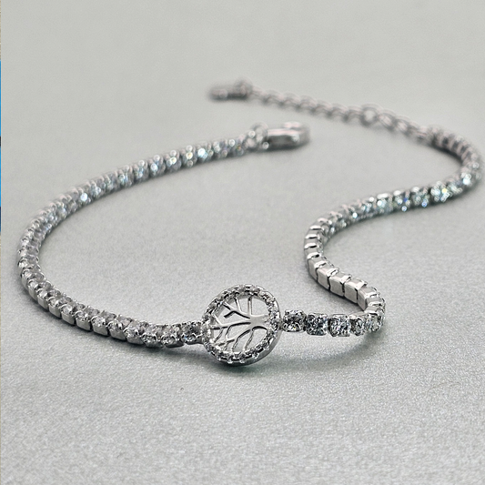 Silver 17cm  White CZ  Tennis Bracelet with Tree Of Life Detail