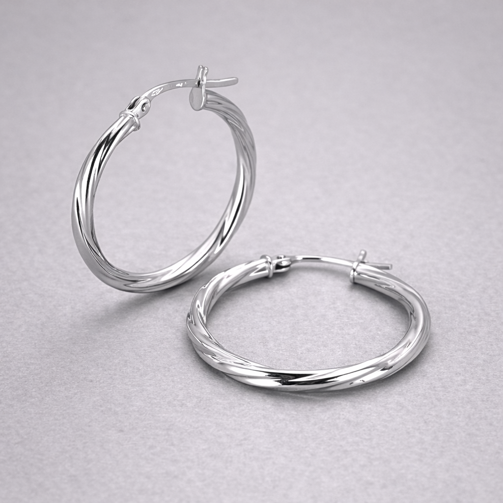 9ct White Gold Hollow Italian 25mm Tube Hoop Earrings with Twist Design