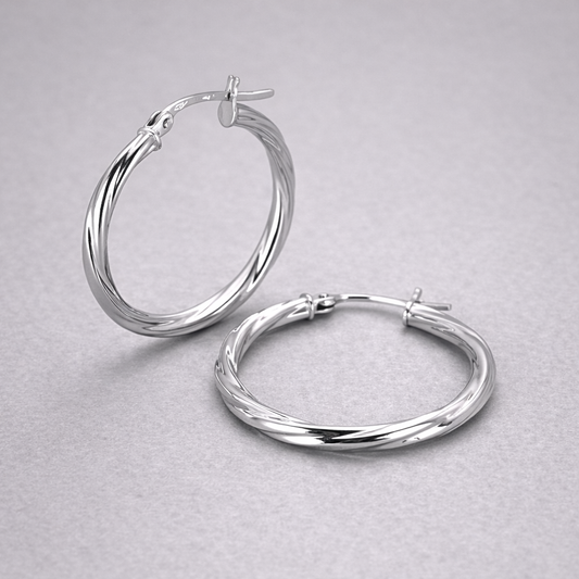 9ct White Gold Hollow Italian 25mm Tube Hoop Earrings with Twist Design