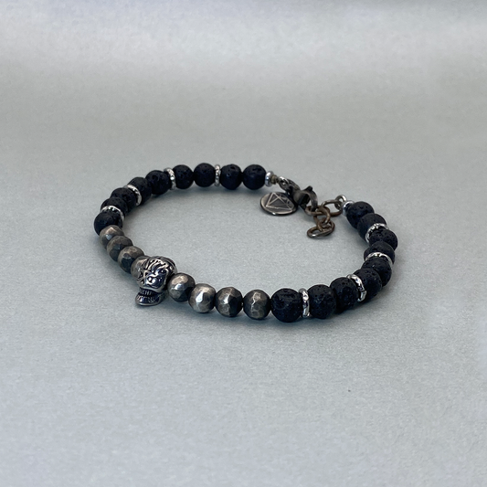 Stainless Steel Mexican Skull Hermatite/Lava Bead Bracelet