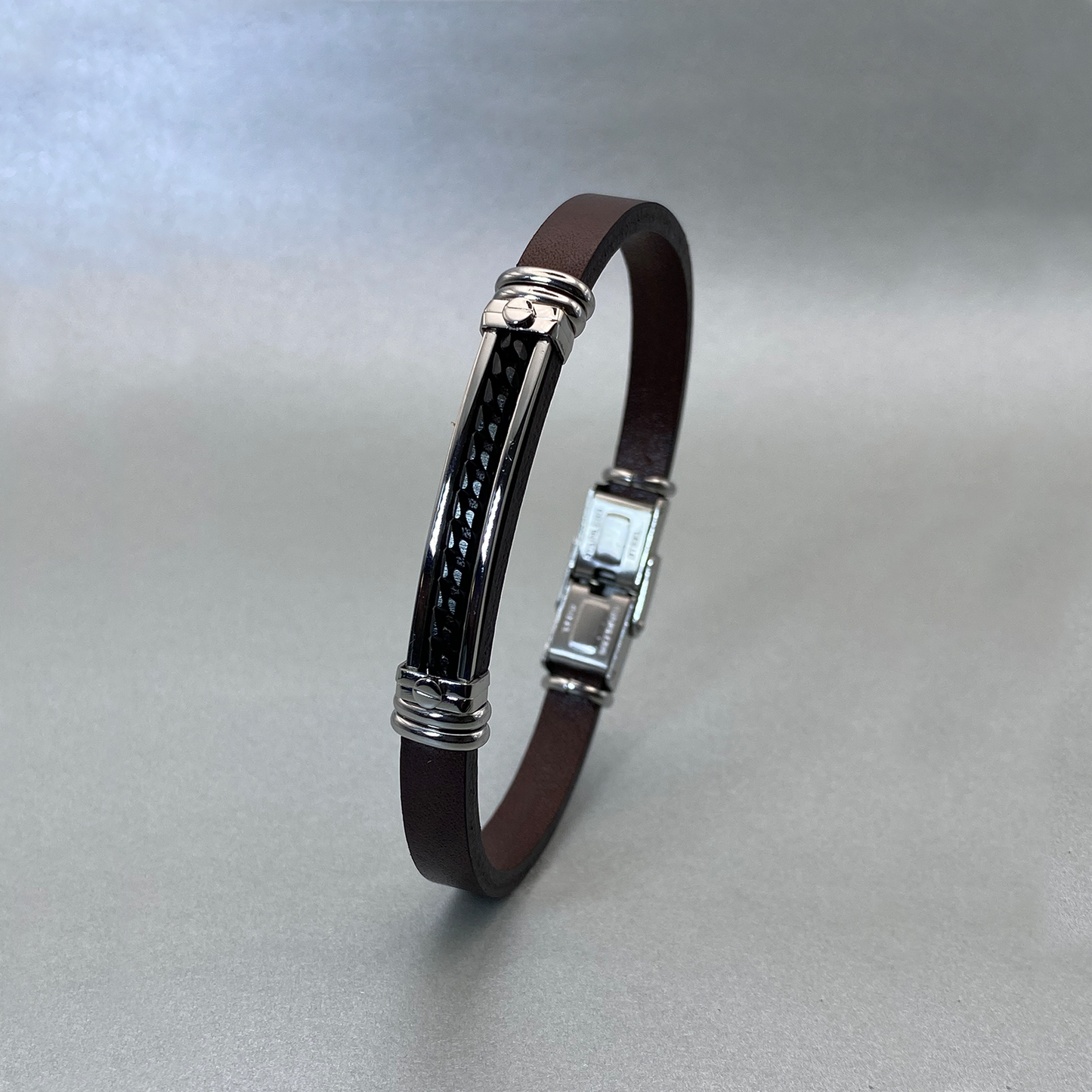 Stainless Steel & Black Chain Brown Leather Bracelet