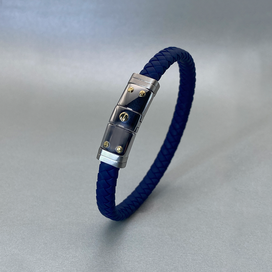 Stainless Steel YGP Screw Top Blue Silicone Woven Bracelet