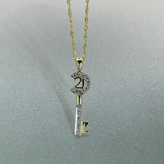 9ct Gold 21 Key Pendant with Cubic Zirconia, Including 9ct bonded chain
