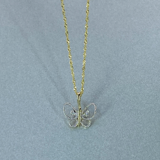 9ct Gold Medium Butterfly Pendant with Cubic Zirconia, Including 9ct bonded chain
