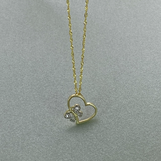 9ct Gold Medium Heart Pendant with Butterfly detail with Cubic Zirconia , Including 9ct bonded chain